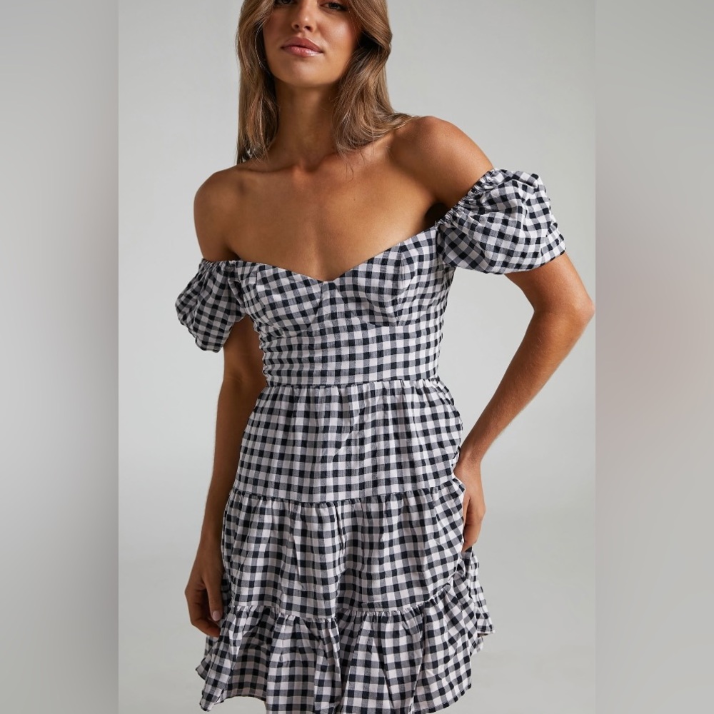 Showpo Tiered Puff Sleeve Mini Dress in Black and White Check